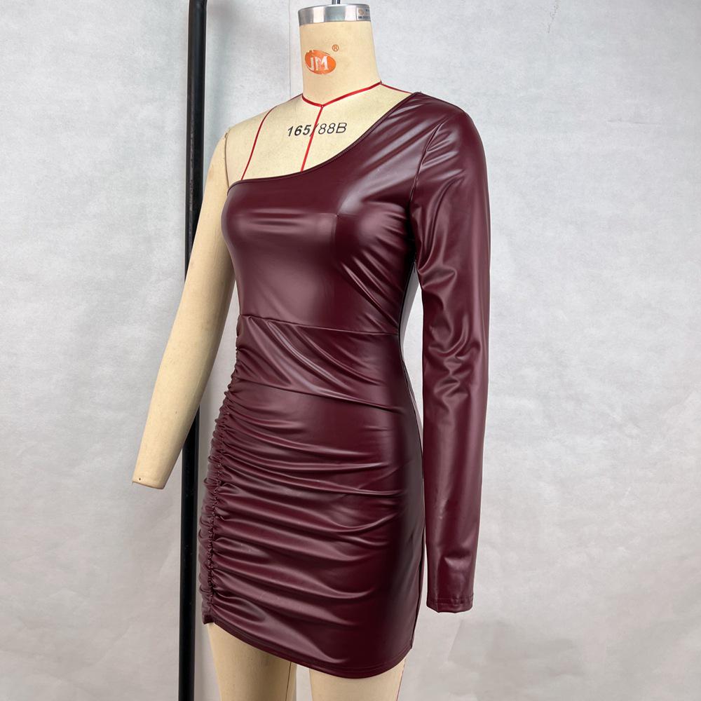2025 Sexy One-Shoulder Single-Sleeve Ruched Bodycon PU Leather Mini Dress
