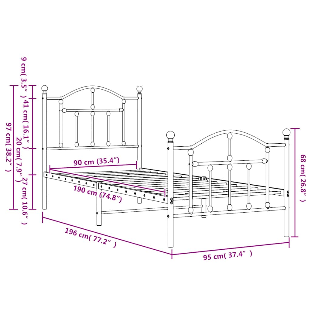 Metal Bed Frame with Headboard and Footboard White 90x190 Cm