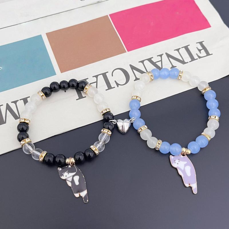 2Pcs Cute Cat Pendant Jewelry Matching Magnetic Couple Bracelets For Lovers Natural Stone Beaded Bangles Valentine Gift