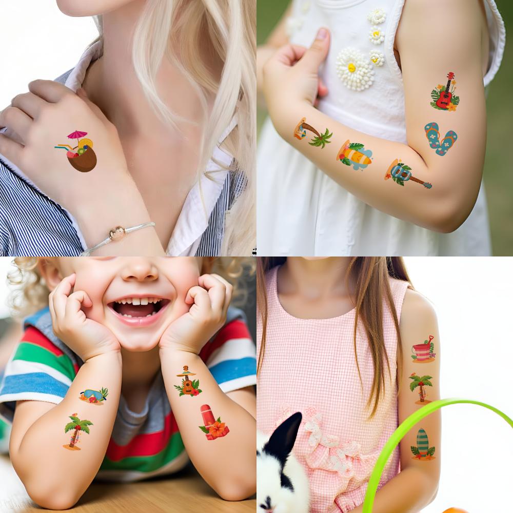 54pcs Temporary Tattoo Stickers Pineapple Hawaii Palm Tree Cartoon Cute body Art Sticker  Waterproof Semi-Permanent Fake Tattoo