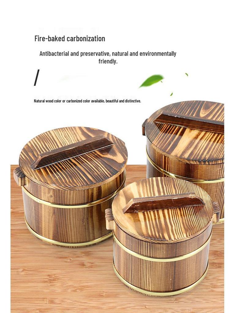 Wooden Rice Bucket with Lid: Insulated Serving Bowl and Spoon for Dining Table