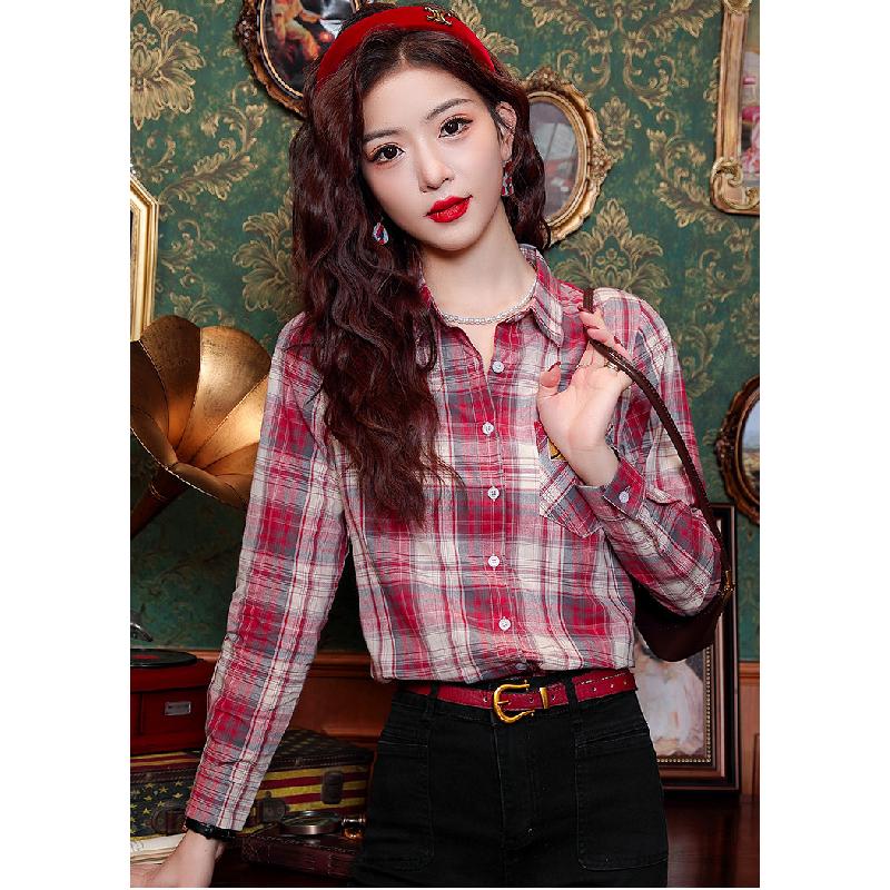 Women's long-sleeve plaid shirt 2026 new Korean style fashion design slim casual top