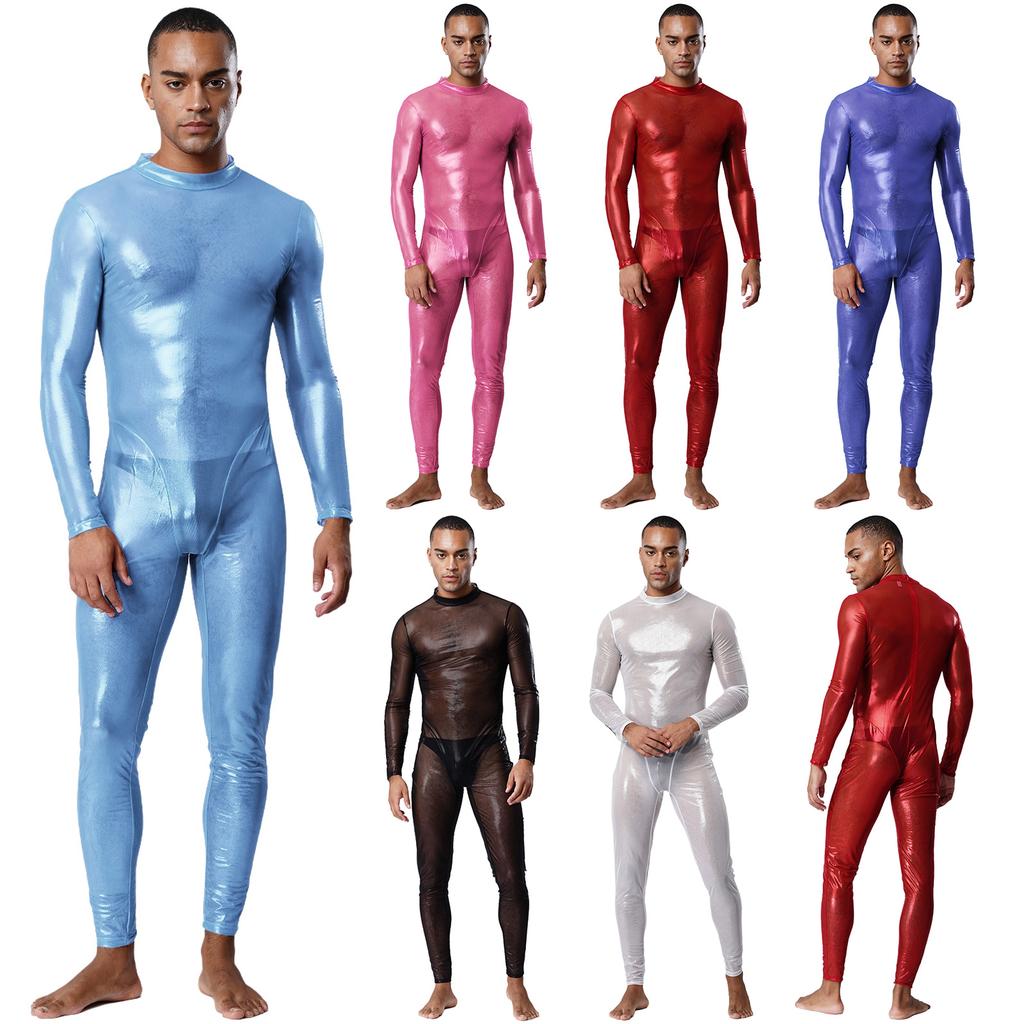 Tuta Holografica Trasparente da Uomo Manica Lunga Full Body Zip Posteriore Catsuit Clubwear