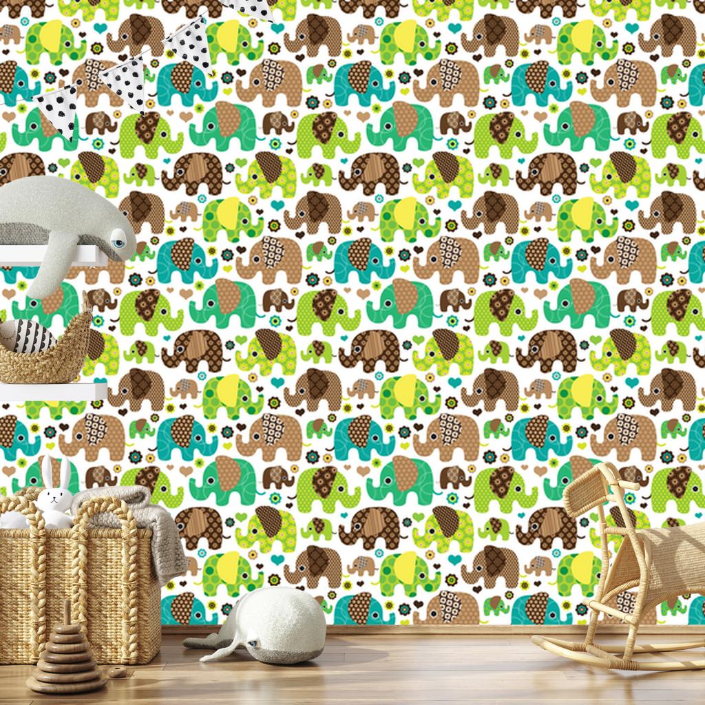 Wallpaper Elephants Animals Flowers Hearts for Living Room and Bedroom 50x1000