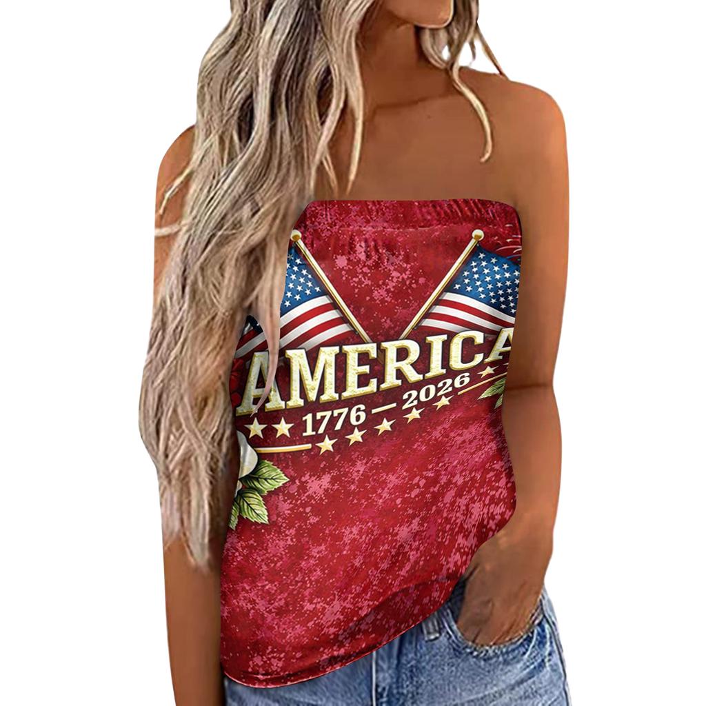 Women's Summer Sexy Strapless Off-Shoulder Elastic Band Design Independence Day Print Top