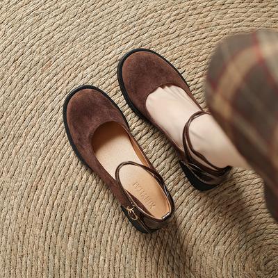 French Mary Jane Women's Shoes Retro Suede Light Mouth High Heels Spring and Summer New Thick Heel Round Head Cross Strap Single Shoes Women