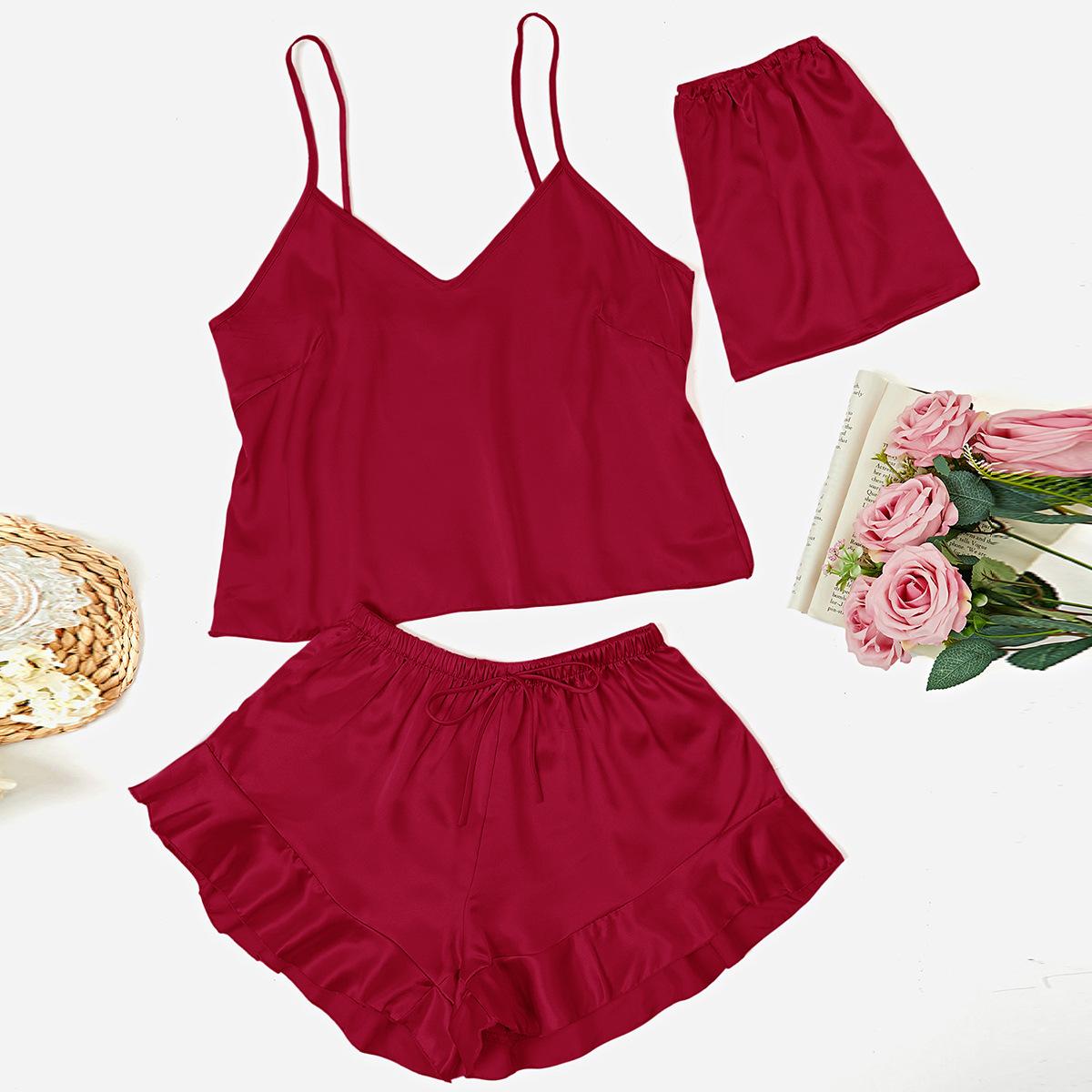 

Модный однотонный сексуальный комплект с V-образным вырезом и небольшим жилетом и шортами на подтяжках для женской повседневной пижамы и женской домашней одежды