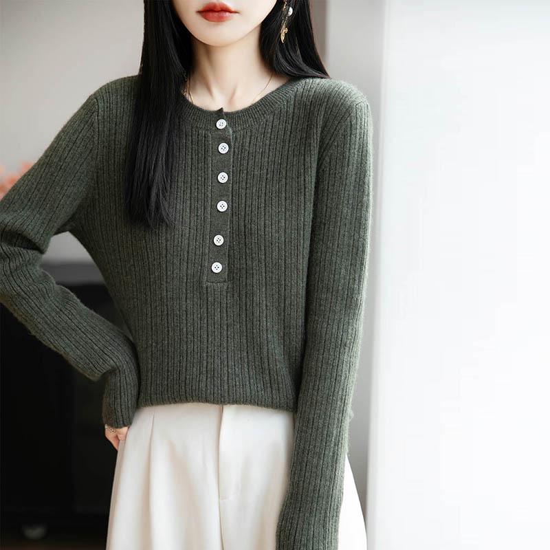 Women's Pure Wool Round Neck Knitwear – Long Sleeve Solid Color Button-Down Loose Top