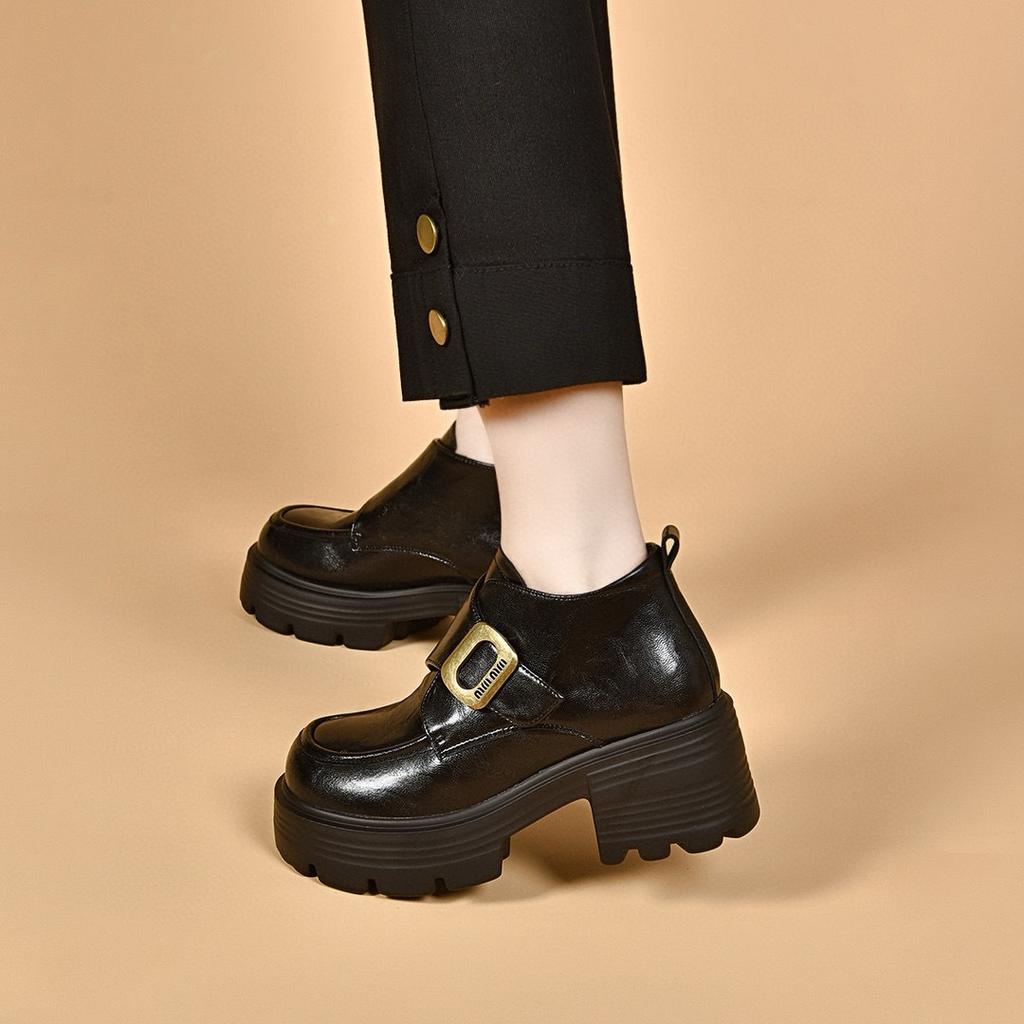 Platform Shoes Women's Autumn and Winter Waterproof Table Thick Heel Square Buckle High-top Shoes Women's Cotton Shoes Muffin and Small Leather Shoes