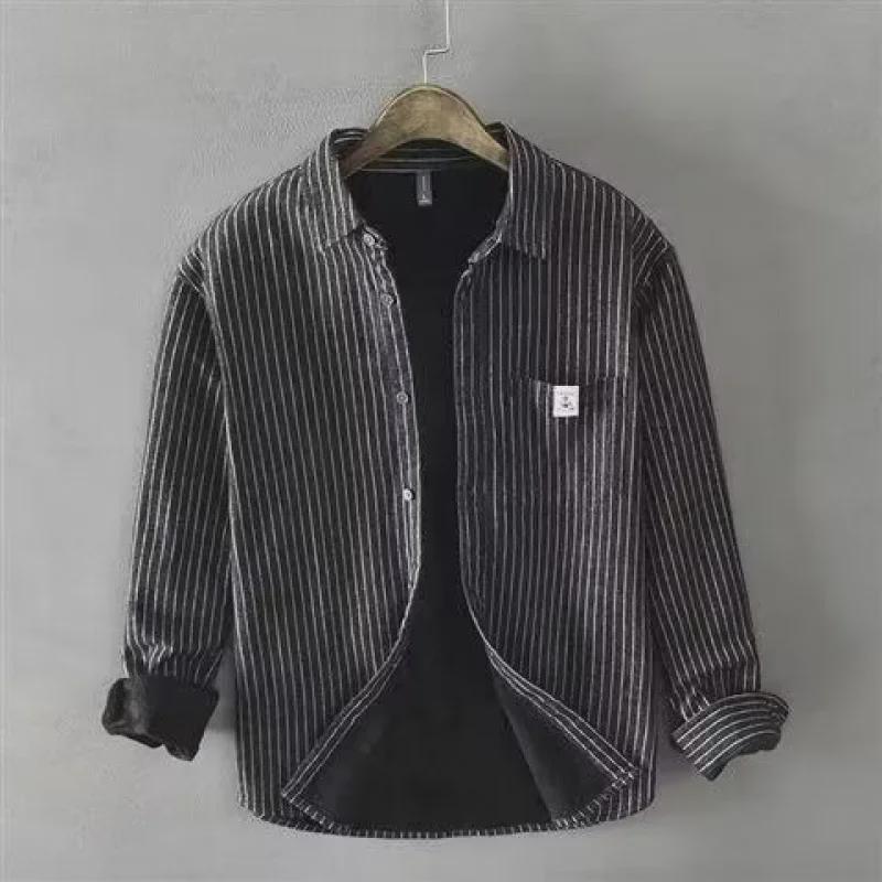Men's Autumn & Winter Striped Velvet Lapel Cardigan Shirt Jacket