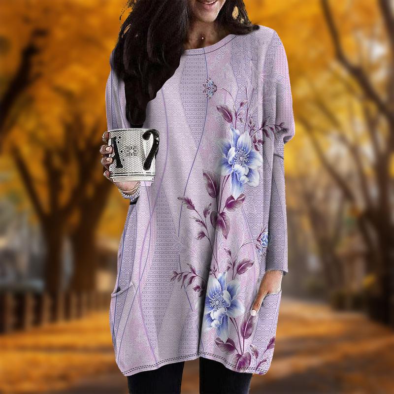 

Новинка осени Минималистичный растительный принт Плюс Размер Платье Женское O-образный вырез Длинные рукава Повседневные Карманные Платья XS синий