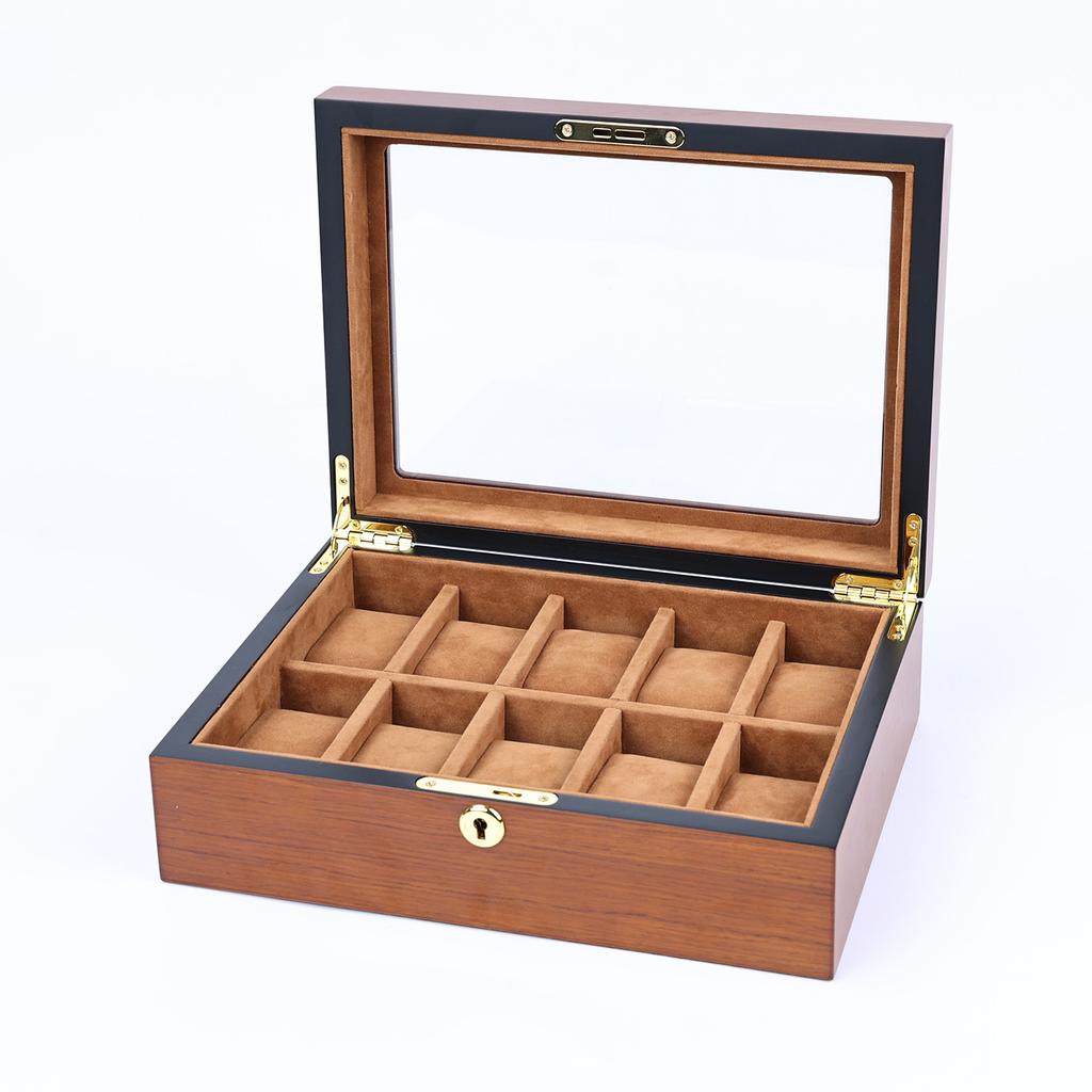 Vintage Black Spade Wood Grain Lacquered Matte Watch Display Box with Lock, Dust-Proof Storage for Watches and Accessories