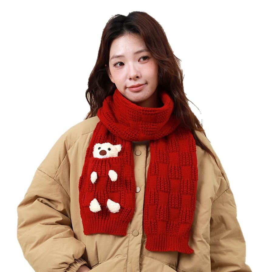 New Year's Christmas Gift Cute Bear Red Scarf Women's Winter New Warm Versatile Knitted Wool Scarf