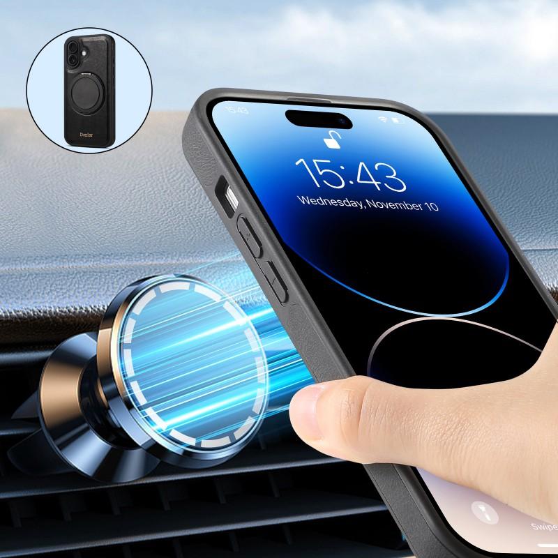 Denior 18 Pro Max Genuine Leather Rotating Magnetic Phone Case With Ring Stand IPhone 16/17 Series