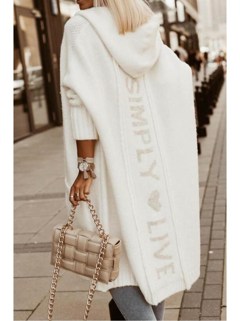 Autumn/Winter Hooded Long Cardigan Sweater with Turn-Down Collar and Letter Knit Design