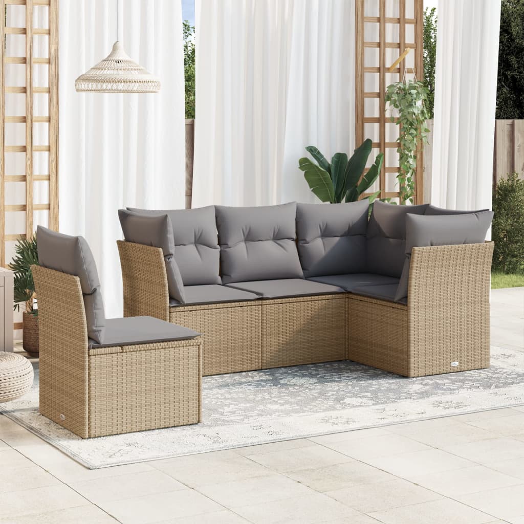 Vidaxl 5-Cz. Garden Furniture Set With Cushions, Beige, Poly Rattan