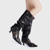 Fashion Pointed Toe Belt Buckle Metal Rivet Women Knee High Boots Autumn Winter Patent Leather High Heels Boots Shoes