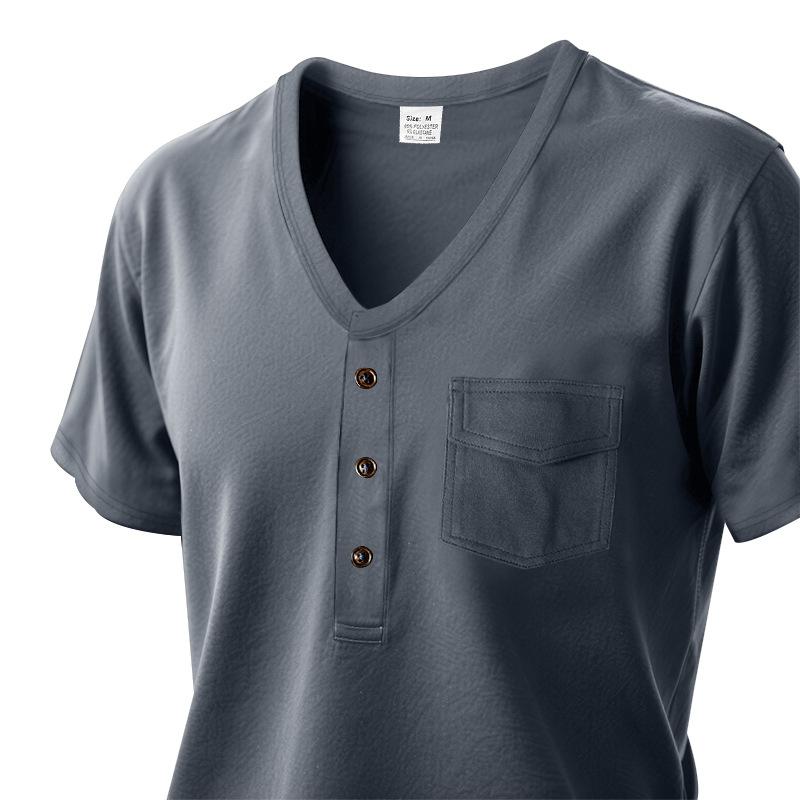 Herenlos V-hals Henley T-shirt met zak en korte mouwen.