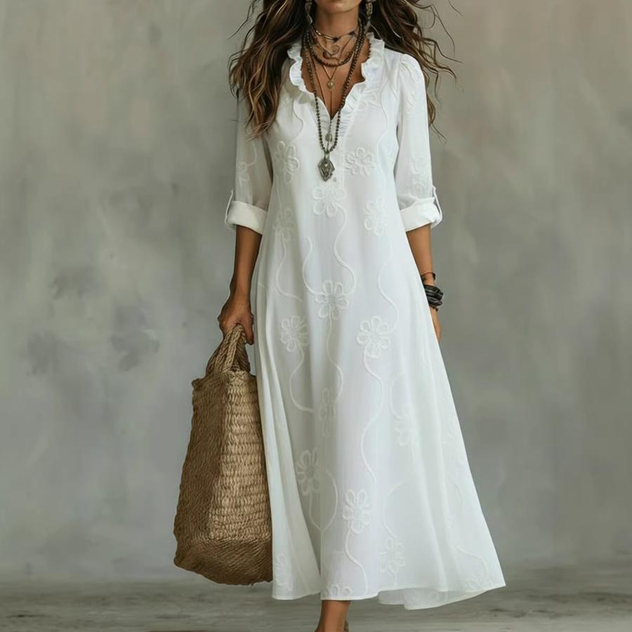 Summer Fashion Floral Lace Cotton Linen Printed Long Dress