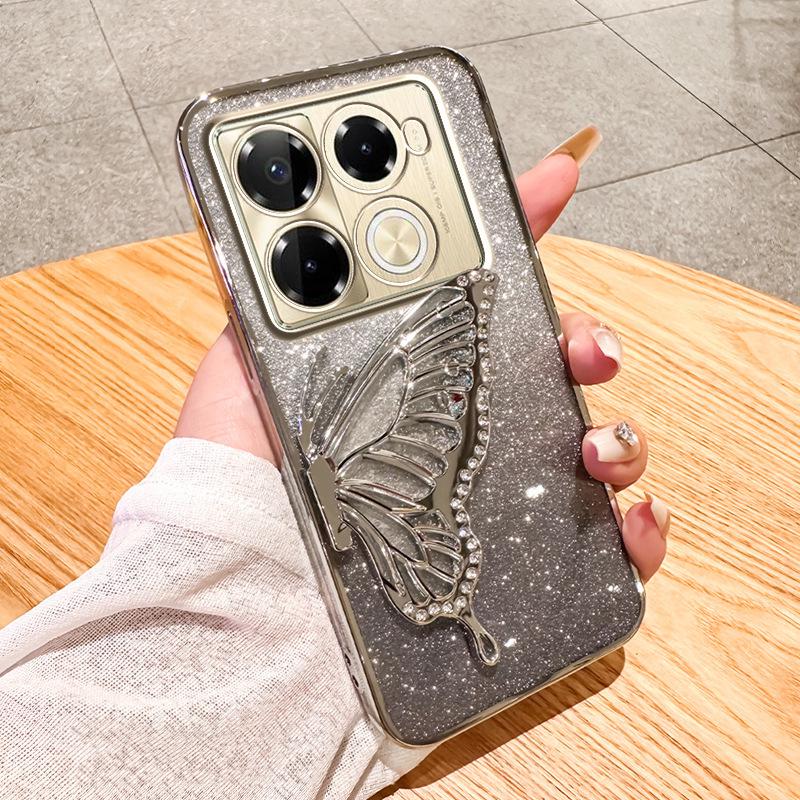 Chuan Yin Note40 Glitter Butterfly Stand Phone Case - Electroplated Diamond Flowing Sand Design for HOT40/GT20pro