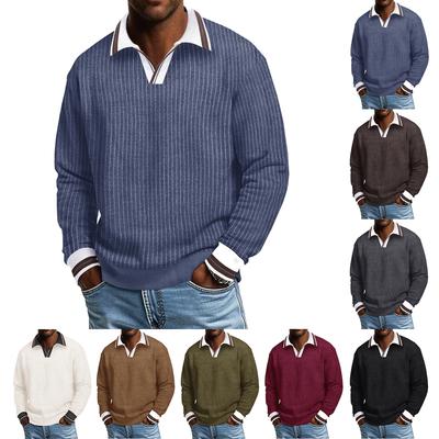 Men's Long,sleeved Color,blocked Pullover, Men's Lapel Corduroy Long,sleeved Top