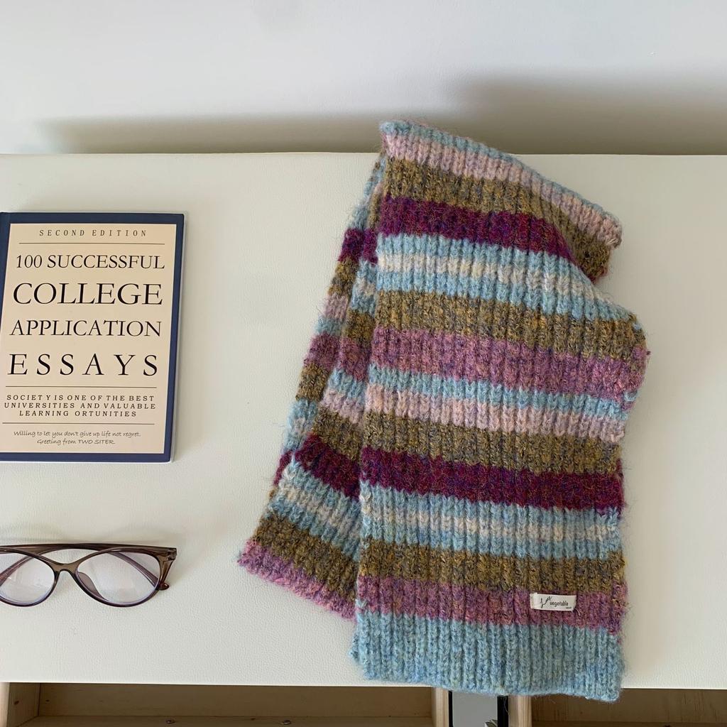 Retro Contrast Color Striped Scarf Wool Knitting Scarf For Women Autumn Winter Warm Cold-Proof Scarf Versatile Student Muffler