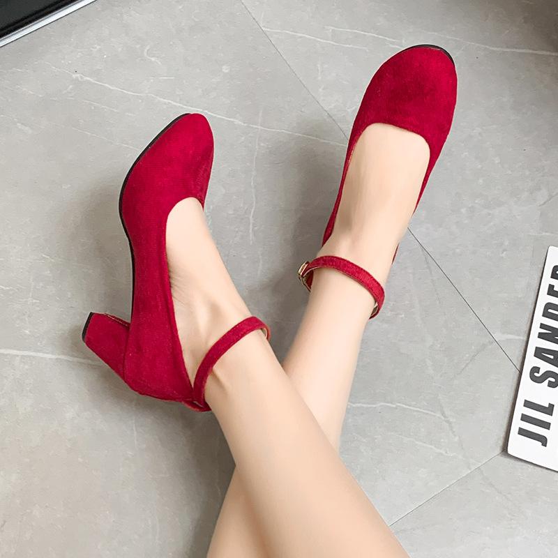

High heels women s spring and autumn new fashion one-word buckle strap thick heel single shoes suede wedding toast shoes bride shoes 42 червоний