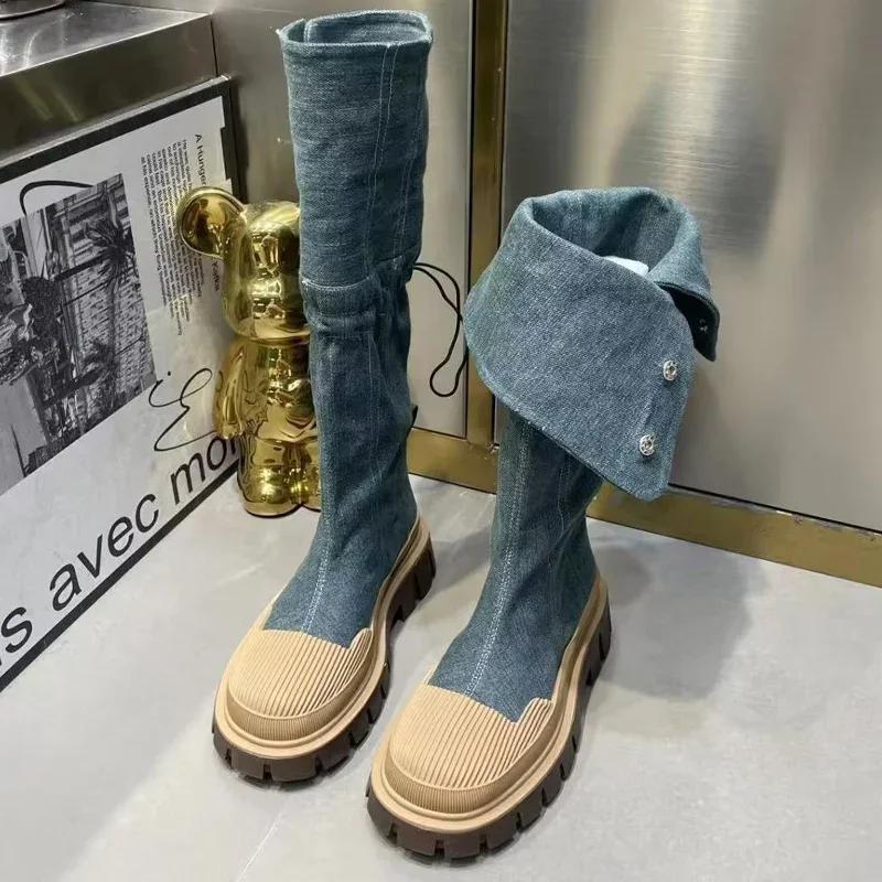 Women Flats Platform Denim Chelsea Boots Winter Shoes Designer New Knee High Motorcycle Boots Casual Goth Shoes Snow Botas Mujer
