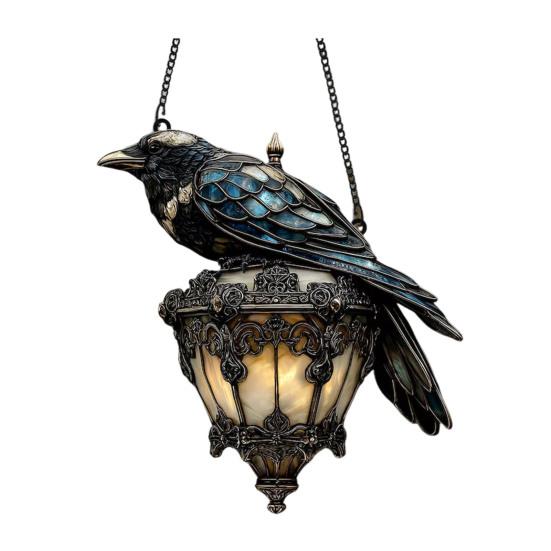 Raven On Lantern Acrylic Suncatcher Faux Stained Glass Window Wall Hanging Ornament Gothic Crow On Lamp Halloween Decor for Dark Academia Home Decor