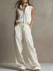 Women Sleeveless Stand Collar Front Zipper Pocket Drawstring Waist Wide Leg Set