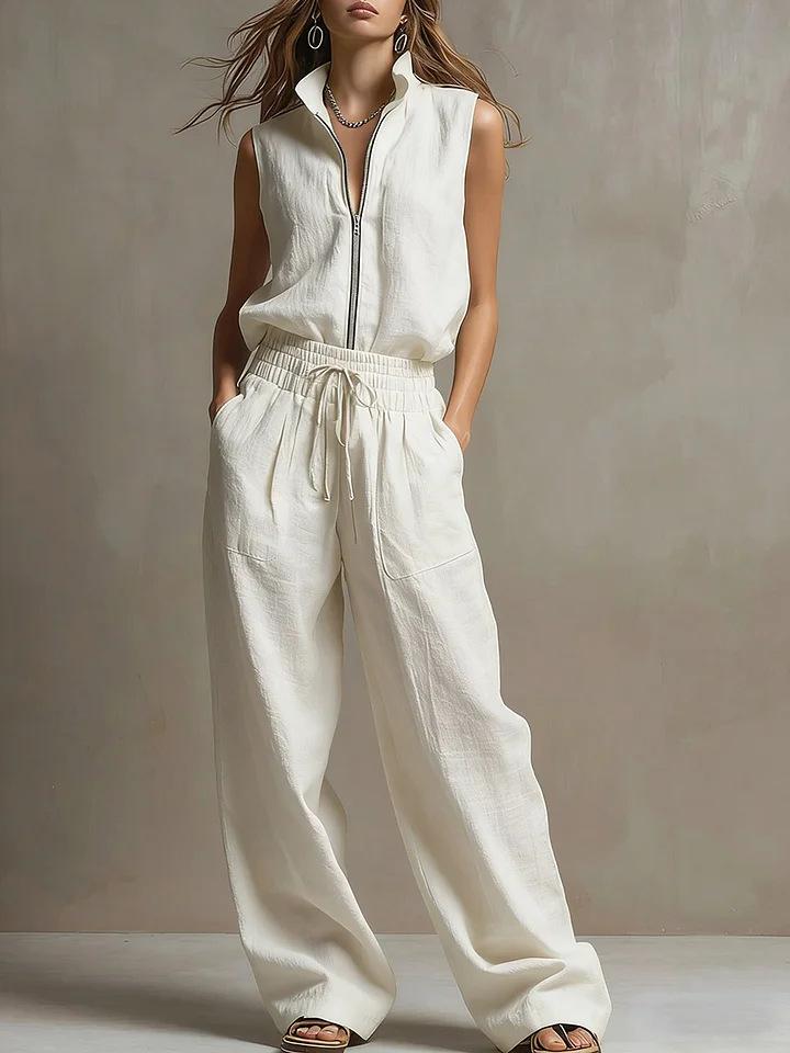 Women Sleeveless Stand Collar Front Zipper Pocket Drawstring Waist Wide Leg Set