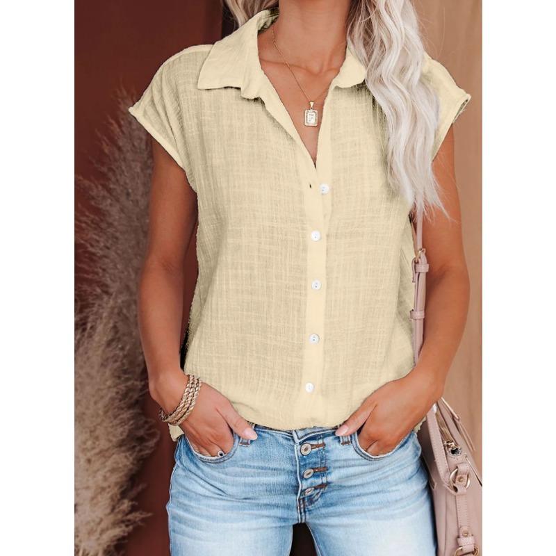 Women Cotton Shirts Vintage Solid Color Short Sleeve Button Harajuku Loose Blouses and Tops Casual Ladies Tunic Oversize T-Shirt