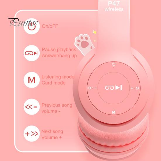 P47 fejhallgató Bluetooth-kompatibilis 5.0 Luminous Cat Ear Shape vezeték nélküli fejhallgató utazáshoz