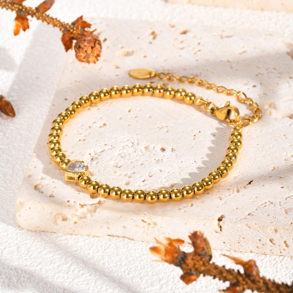 2026 Chic Zircon Heart-shaped Bracelet for Women, Stainless Steel Gold Plated Ball Beaded Bracelet, Luxury Jewelry Gift
