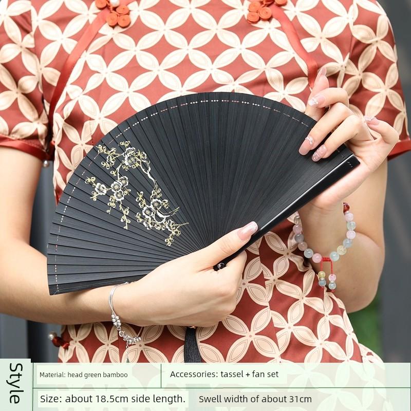 Fan Full Bamboo Folding Fan Carved Foldable Mini Fan Small Size Portable Chinese Style Chinese Ancient Style Dance Fan Green for Women