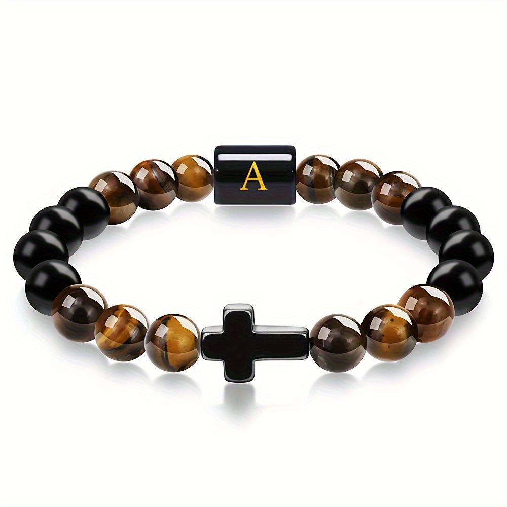 8mm Natural Tiger Eye Beaded Bracelet with Cross & Initials