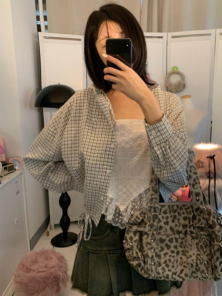 KOOLKITTEN Plaid Hooded Drawstring Shirt 2Colors