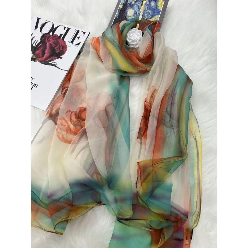 Silk Scarf Folral Women Summer Hijab Luxury Print Sunscreen Shawl Wraps Bandana Ladies Head Scarves Large Foulard Echarpe
