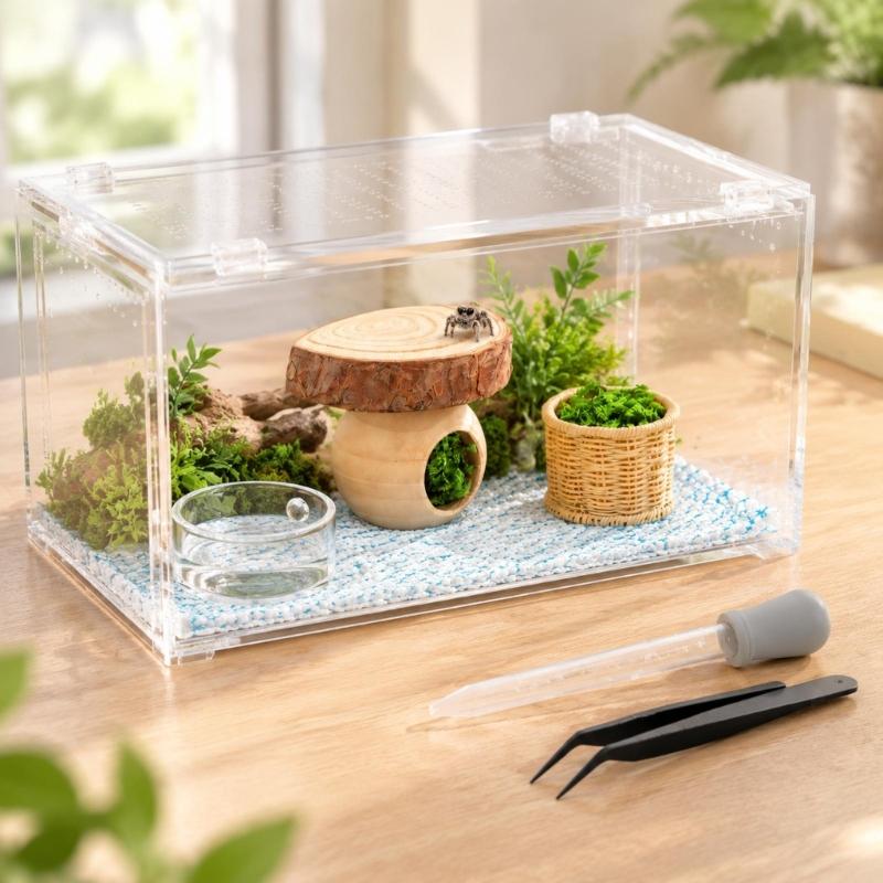 Salticid Feeding and Shelter Collection with Clear Dish, Side-Entry Retreat, Hanging Screen Sheet, Dropper, Tweezers, and Green Detail