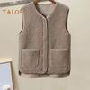 Women Fall Spring Vest Round Neck Thick Fleece Pockets Solid Color Sleeveless Zipper Closure Retro Warm Office Street Home Vacation Layering