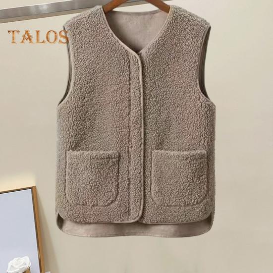 Women Fall Spring Vest Round Neck Thick Fleece Pockets Solid Color Sleeveless Zipper Closure Retro Warm Office Street Home Vacation Layering