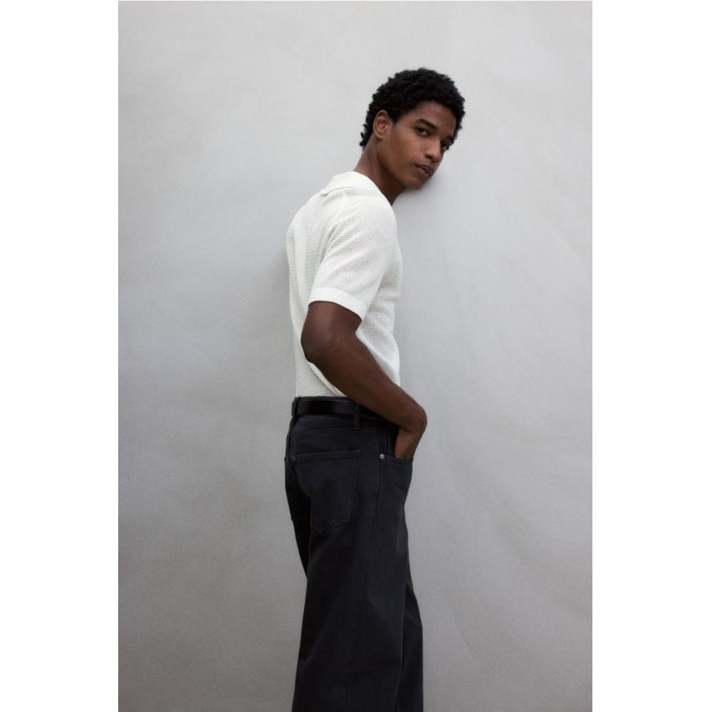 H M Regular Fit Hole Knit Polo sHirt wHite