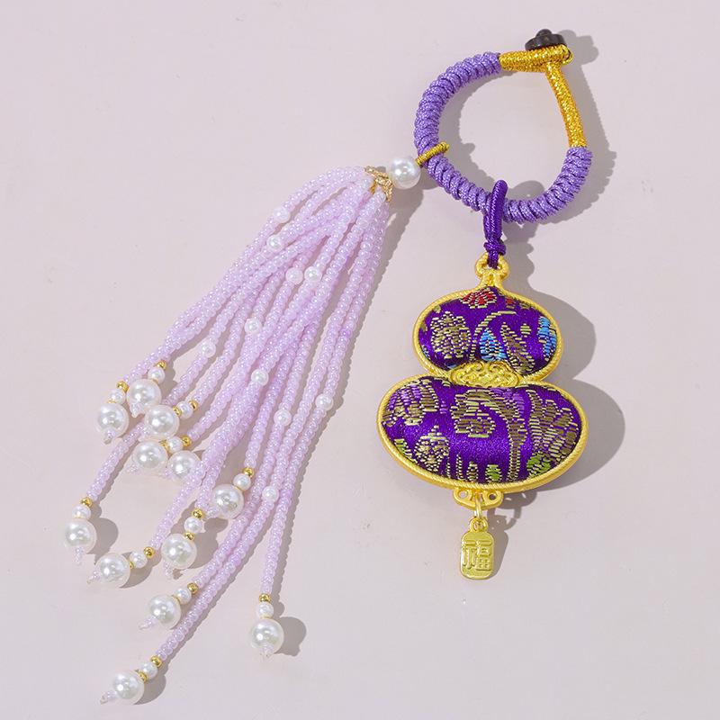 Song Brocade Gourd Keychain: Double-Sided Intangible Cultural Heritage Chinese Embroidery Pendant for Bag or Car.