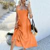Women Vacation Style Solid Color High Waist Sleeveless Hanging Neck Long Dresses