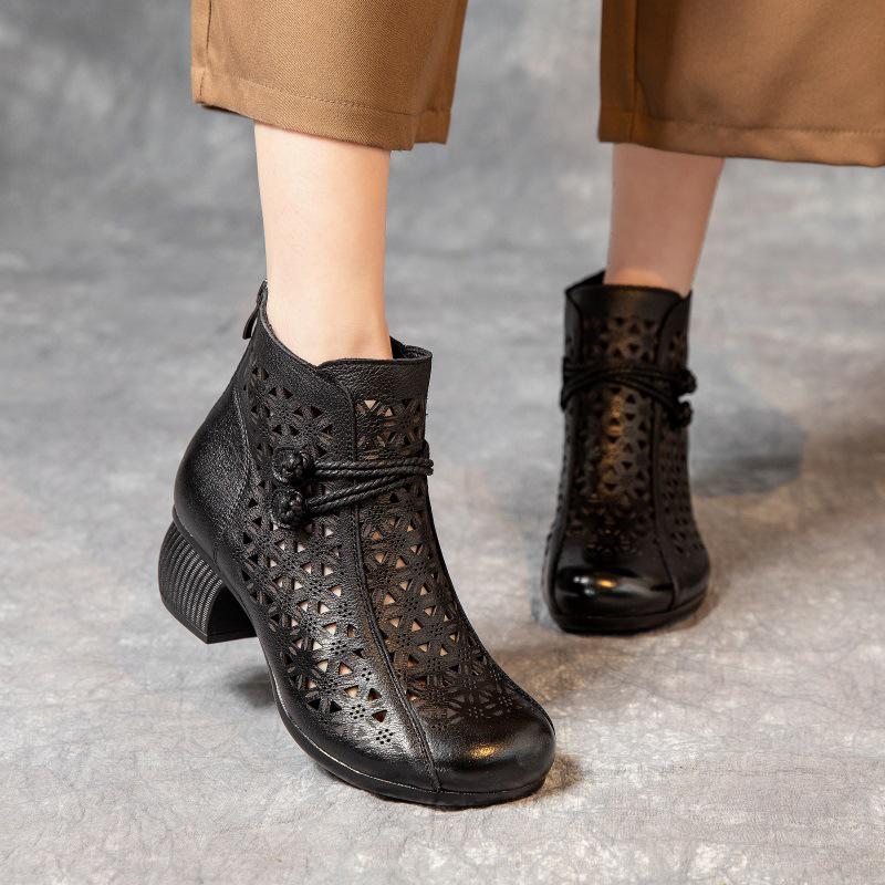 2025 Summer Genuine Leather Peep-Toe Perforated Mid-Heel Sandals - Women's Retro Chunky Heel Martin Boots.