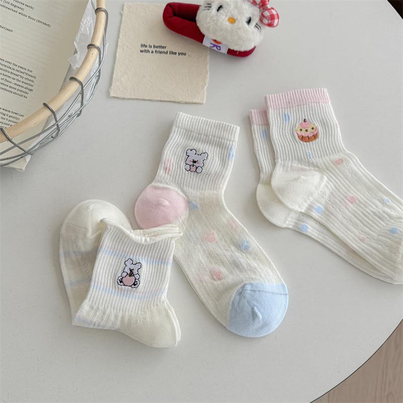 White Socks Children Spring/summer Mesh Mid-calf Cotton Socks, Sweat-absorbing and Breathable, Embroidered Short Socks