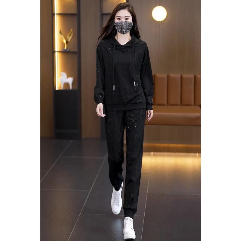 Women Rhinestone Hooded Long Sleeve Loose Two Piece Pants Set