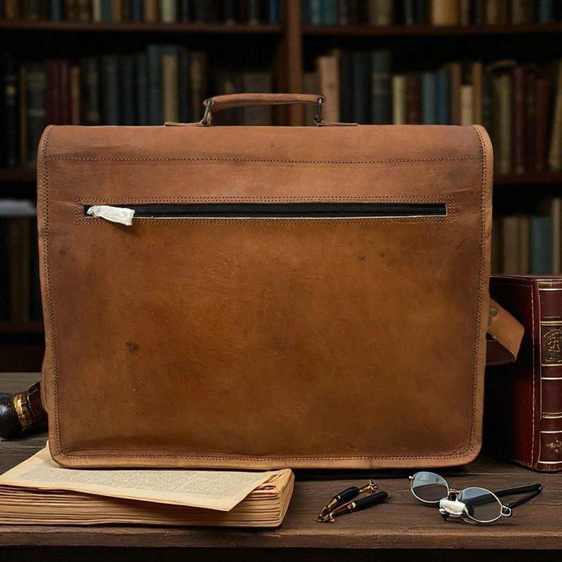 Handmade Brown Leather Messenger Bag – Genuine Full Grain Leather Briefcase with Vintage Brass Buckle, Multiple Pockets & Canvas Lining
