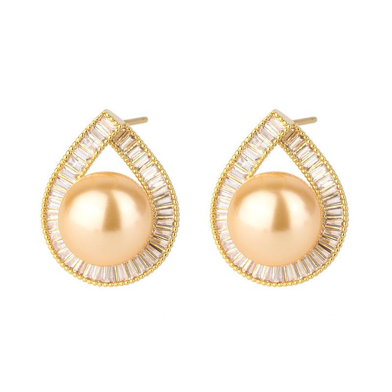 Jewelry Copper Bottom Gold-Plated Inlaid Light Gold Pearl Geometric Diamond-Set Texture Set 16Mm14Mm