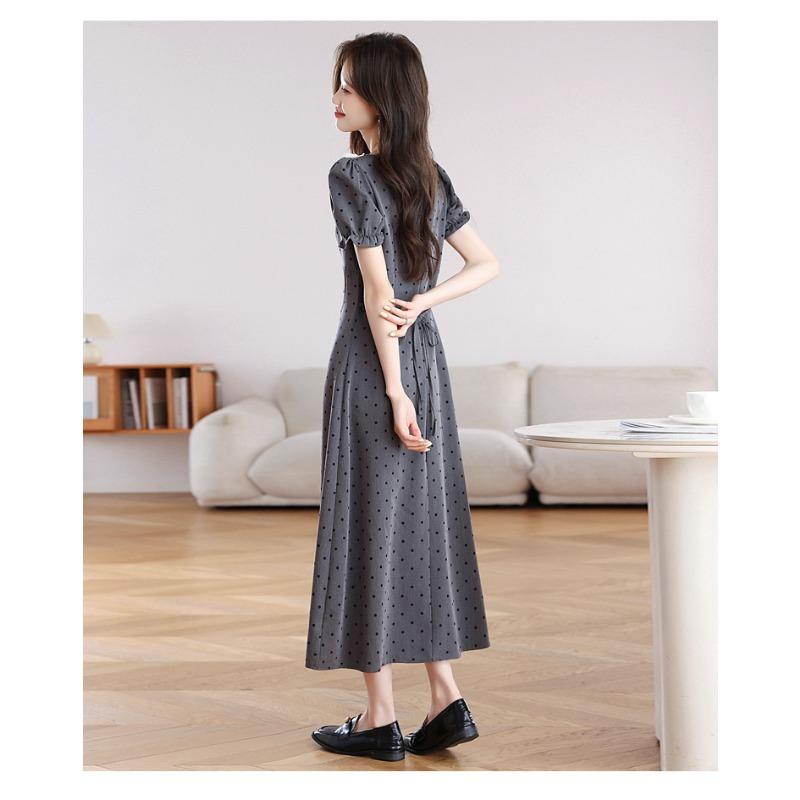 Summer Gray Dress for Women High Waist Breathable Pear Shaped Waist Design Polka Dot Dress Fashion